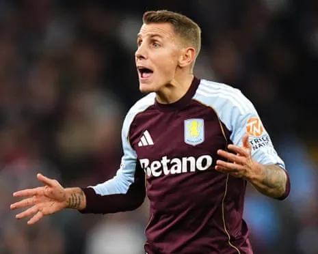 Lucas Digne gestures while playing for Aston Villa against Bologna in September 2025